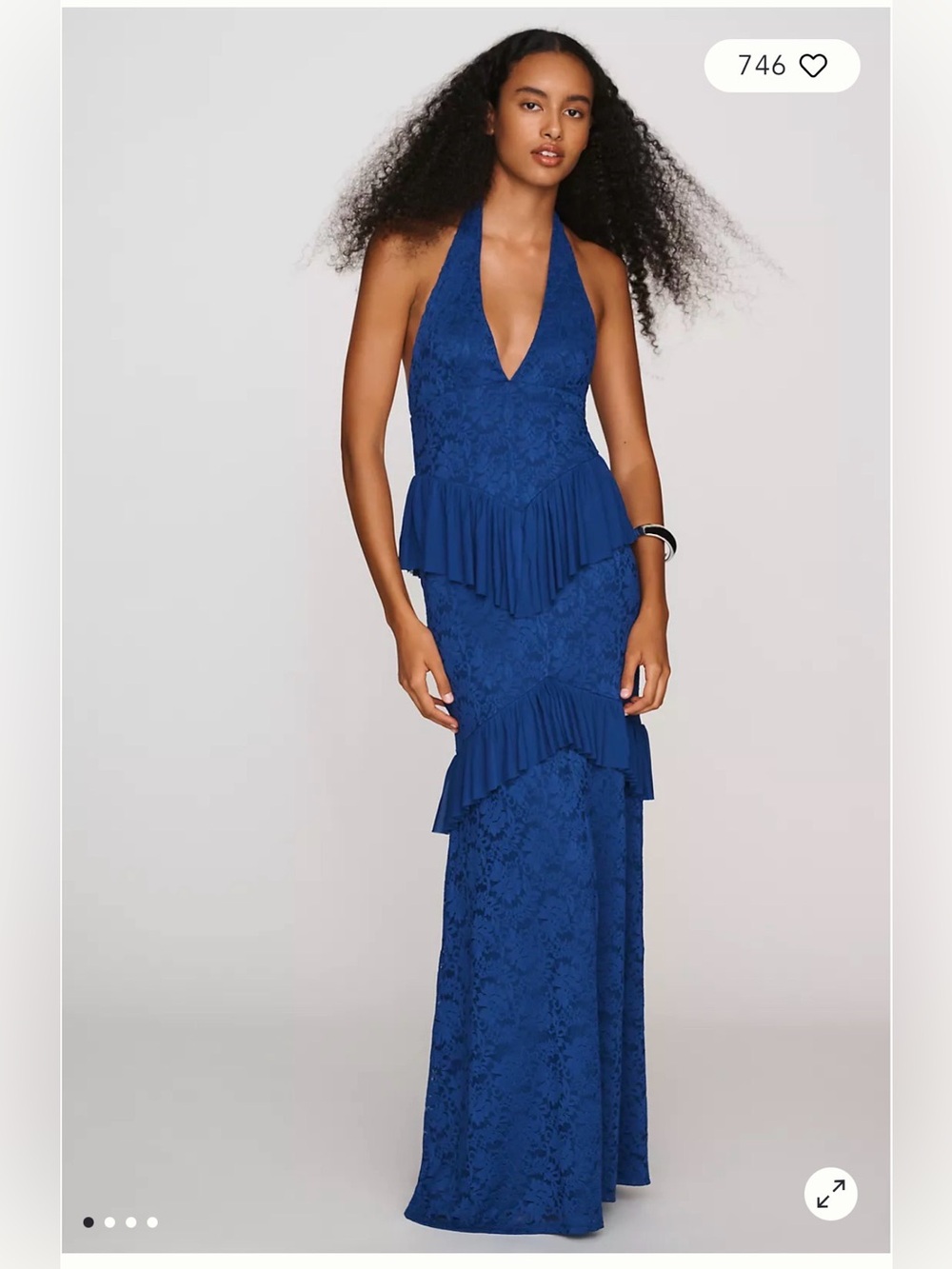 Anthropologie Royal Blue Halter Lace Maxi Dress with Tiered Ruffles